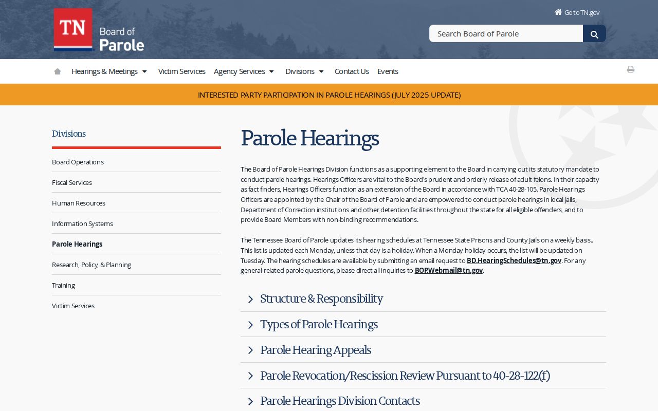 Pickett County parole hearing information from Tennessee Board of Parole